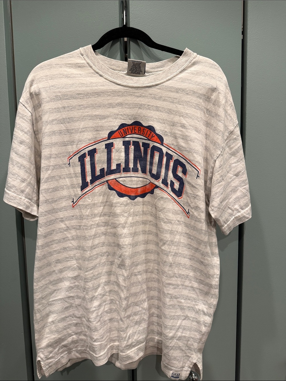 Vintage University of Illinois Graphic Tee - White & Gray Stripes Blue/Orange